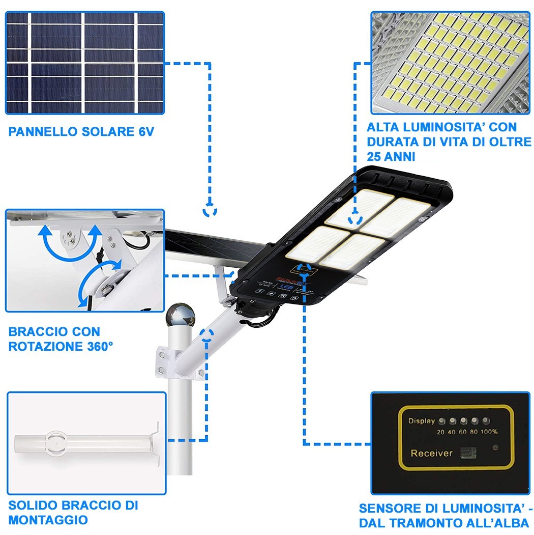 Lampadaire à panneau solaire 293004 capteur de mouvement 300W protection IP67