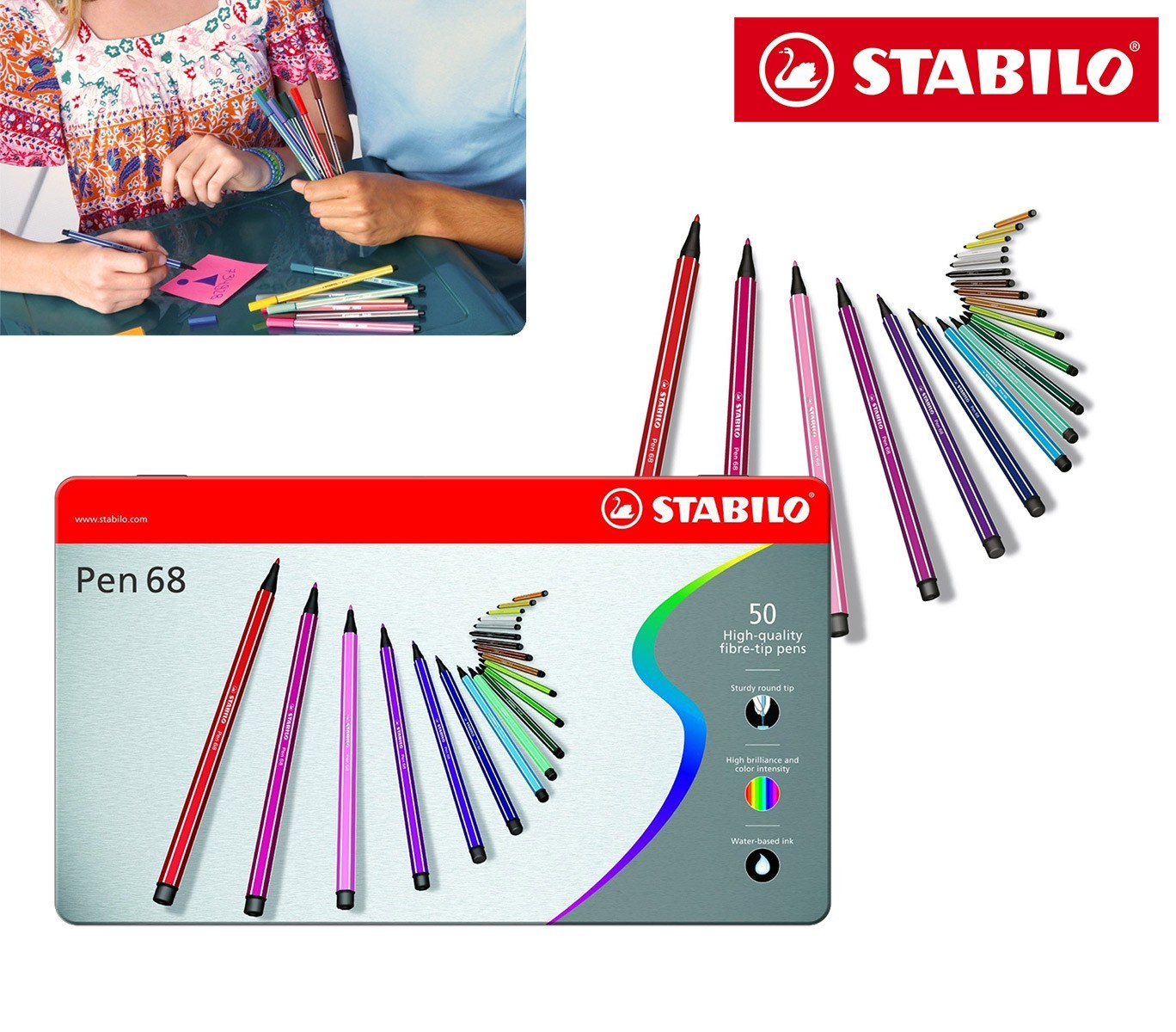 6850-6 Boîte métal de 50 feutres Stabilo Pen 68 trait 1 mm couleurs assorties