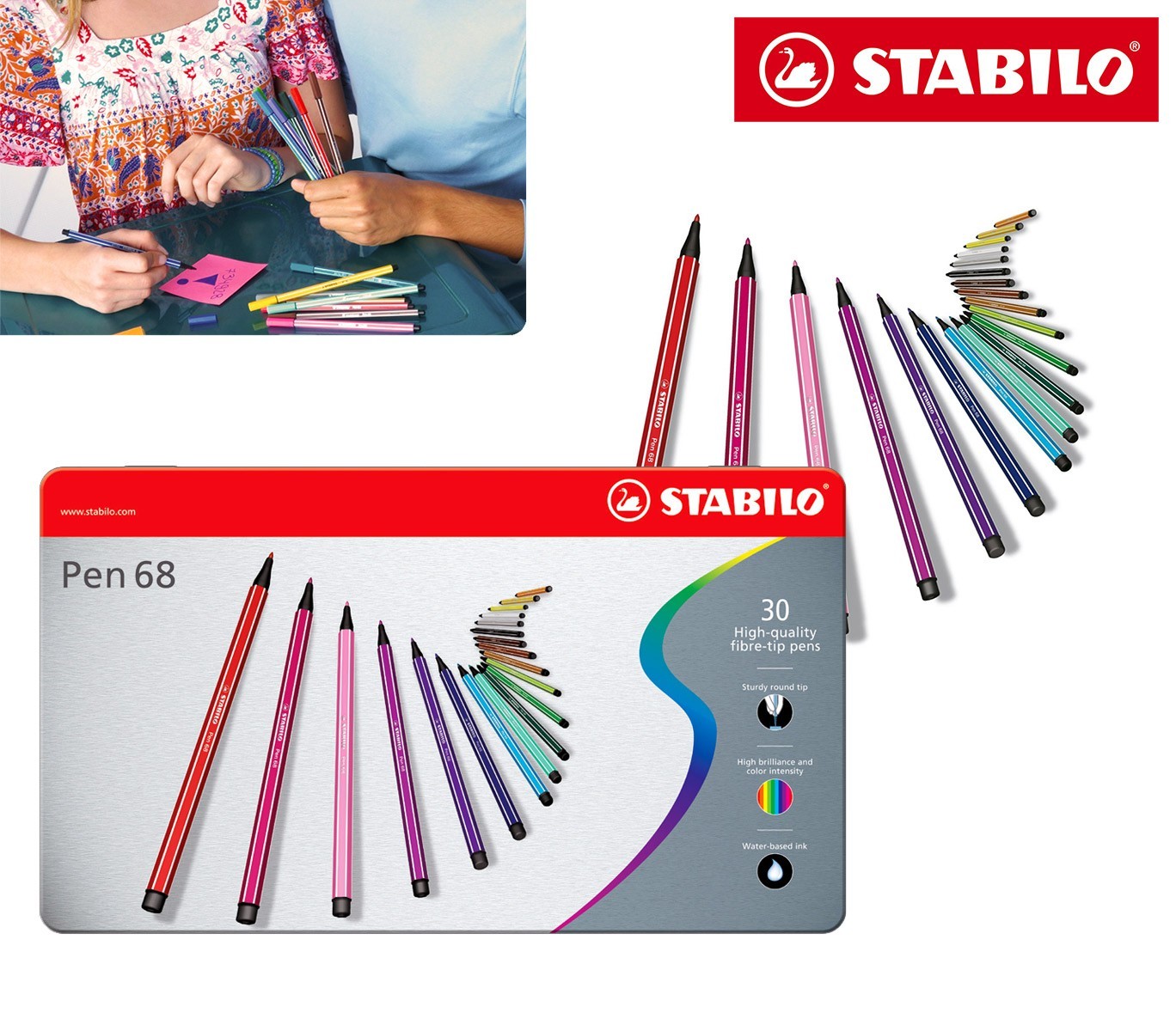 6830-6 Boîte métal de 30 feutres Stabilo Pen 68 trait 1 mm couleurs assorties