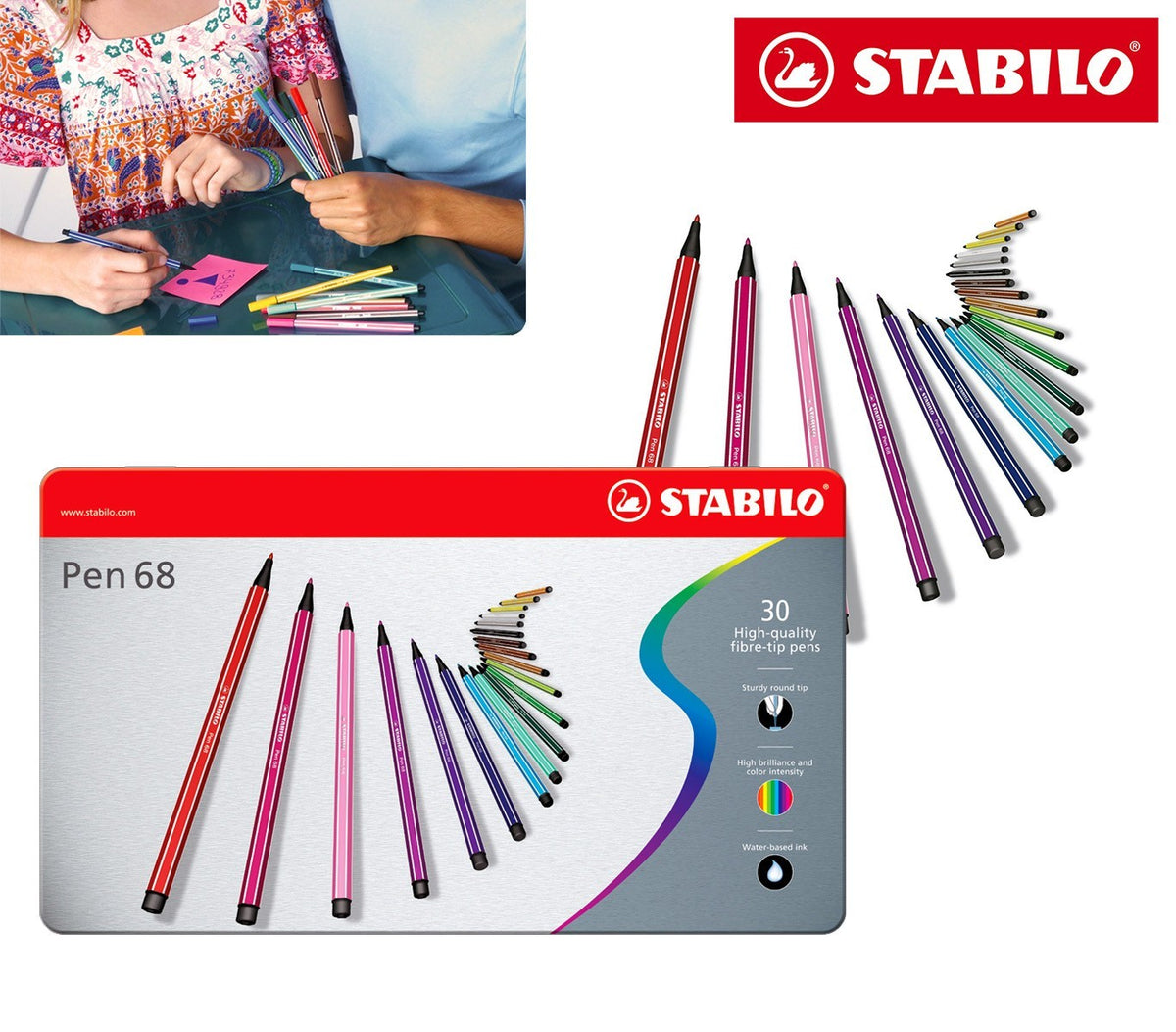 6830-6 Boîte métal de 30 feutres Stabilo Pen 68 trait 1 mm couleurs assorties