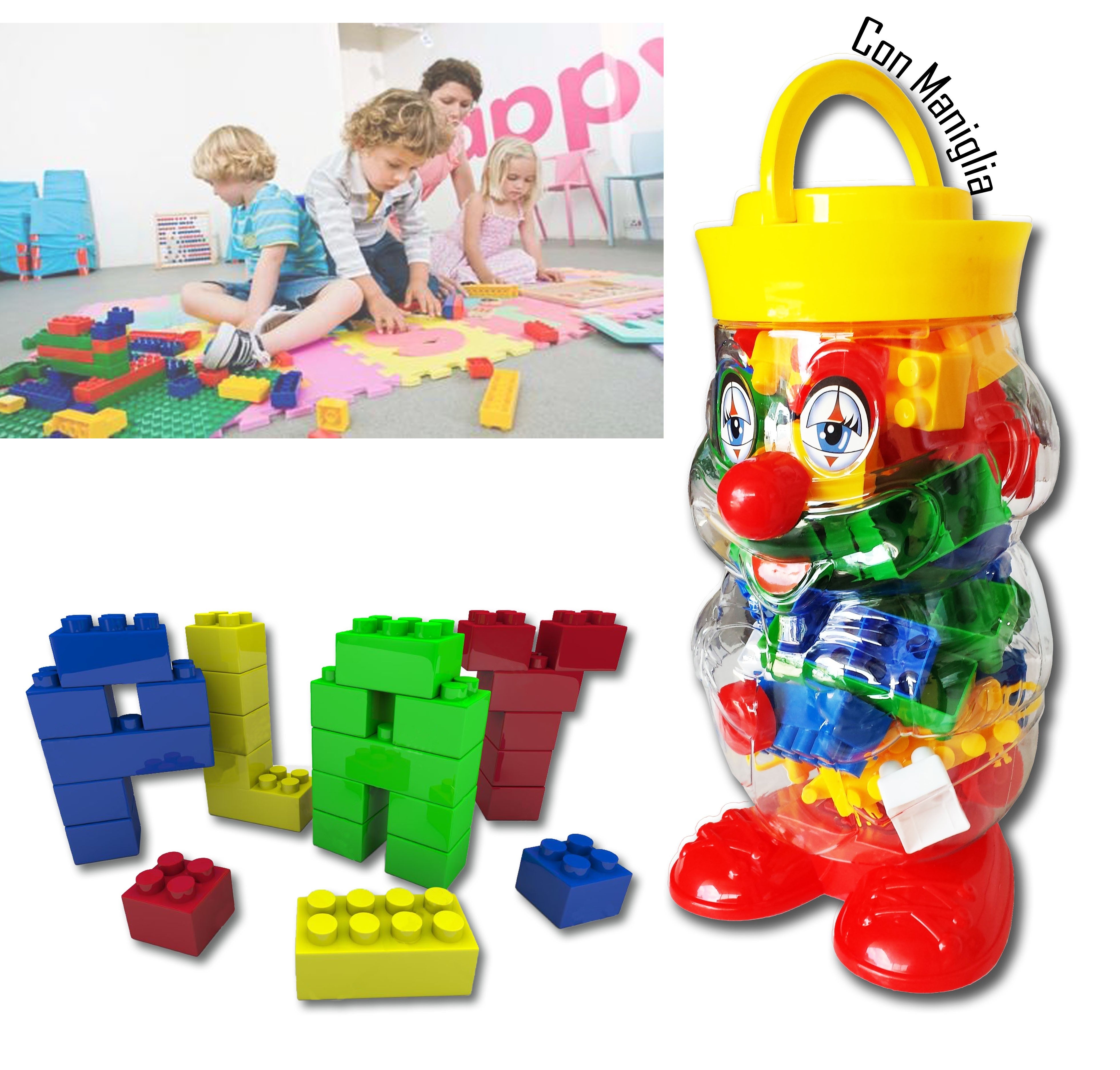 56 pièces de briques de couleur - lego - récipient en forme d'un clown 105246