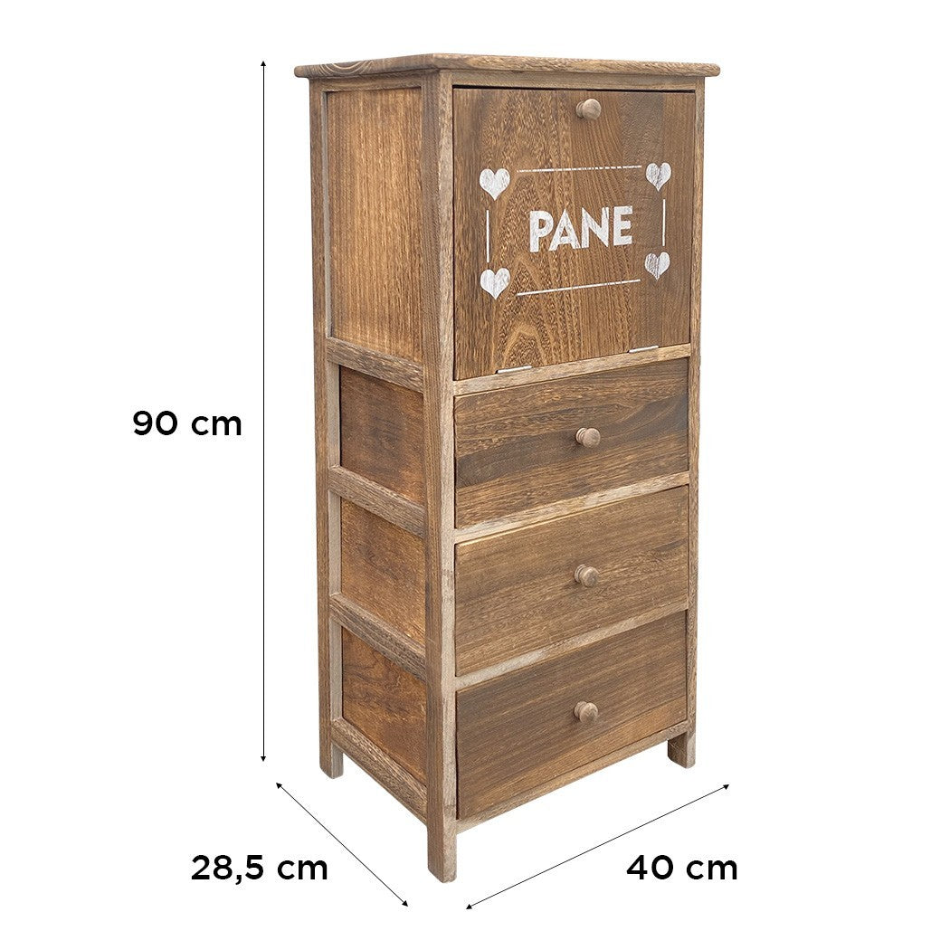 Armoire porte-pain en bois 90x40x29 avec 3 tiroirs et contenant de pain