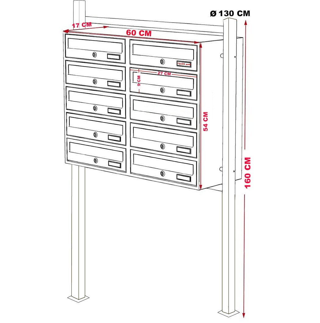 Boîte aux lettres en copropriété 10 places avec support 160x60x17 cm BLANC