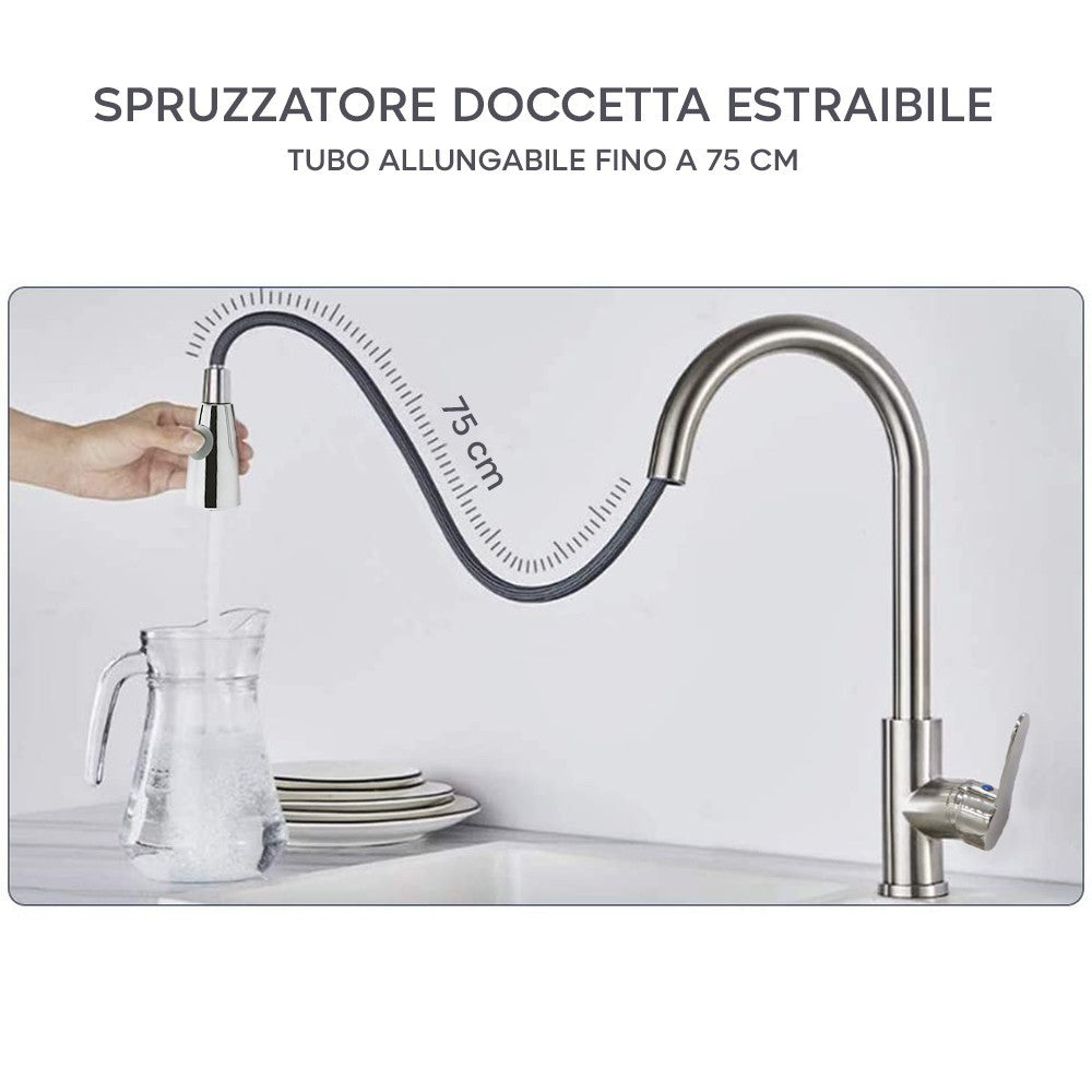 Mélangeur Robinet Chromé pour Évier GR-7544 avec Douche Amovible 75cm