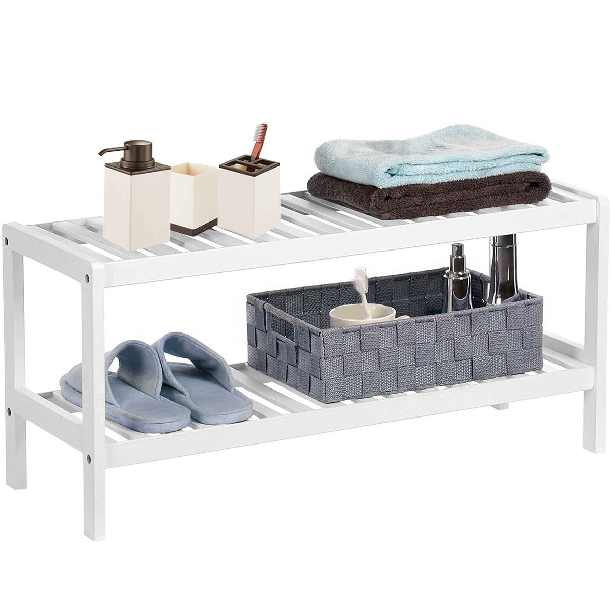 Chaussure polyvalente Bois Blanc 2 Étagères Banc Porte-objets Blanc 33x70x26cm