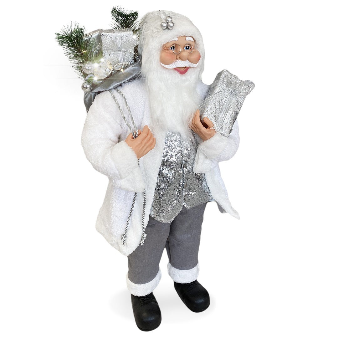 Santa Blanc Et Argent Robe En Velours 110H Cm Avec Lumières Et Sons
