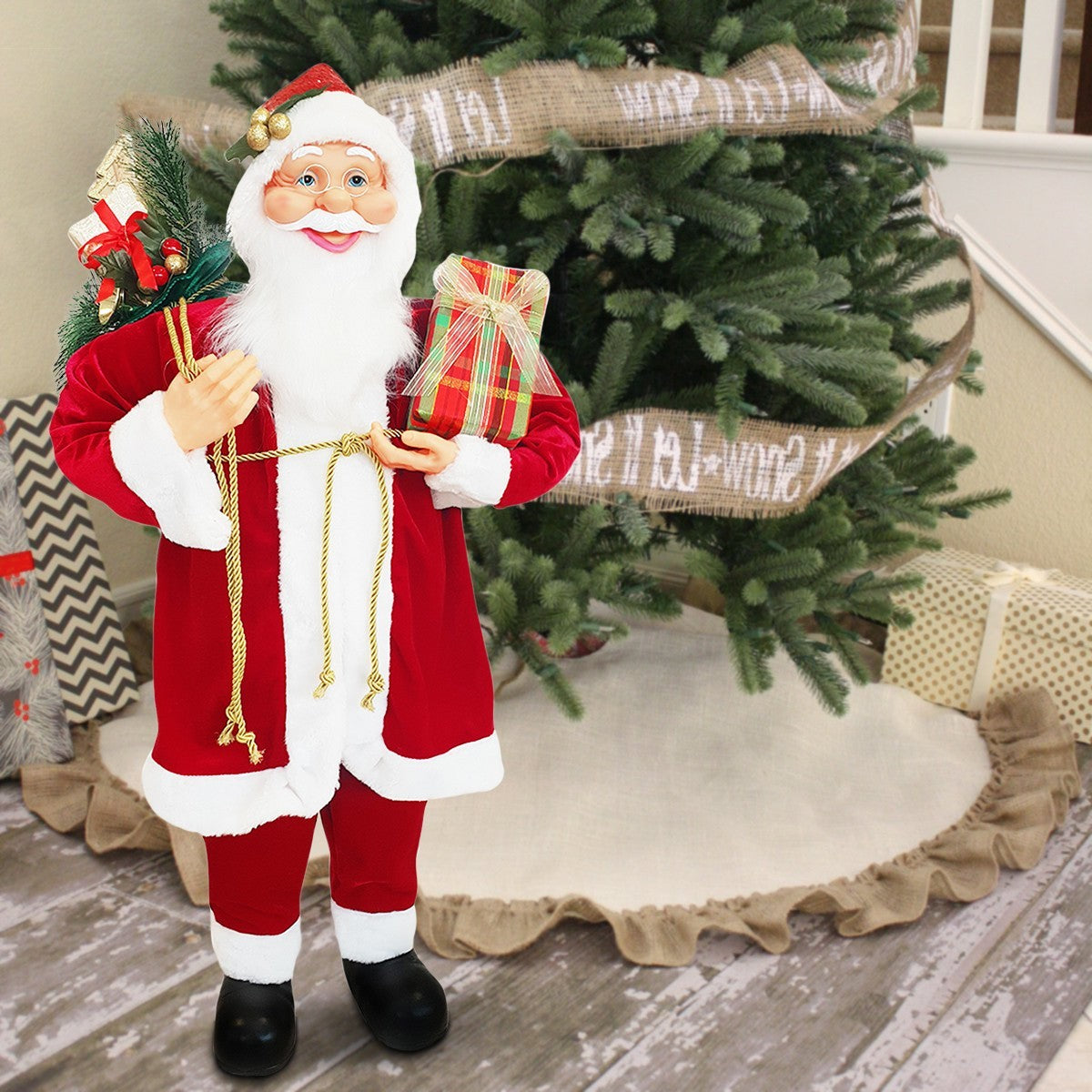 Santa Rouge Classique Robe de Velours 90H cm avec Lumières et Sons