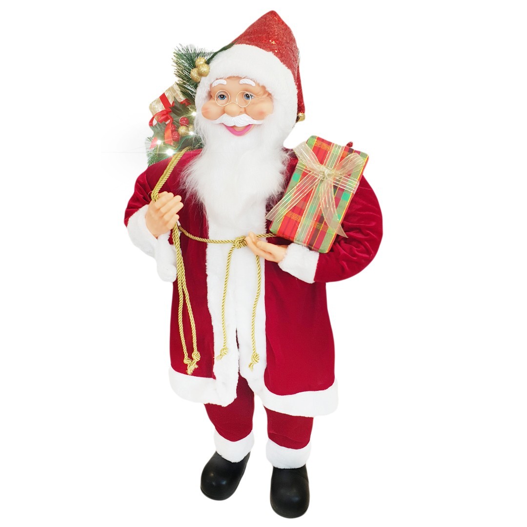 Santa Rouge Classique Robe de Velours 90H cm avec Lumières et Sons