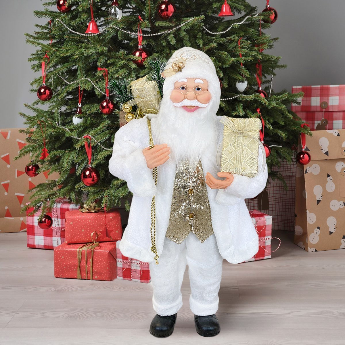 Santa Blanc et Or Robe en Velours 90Hcm avec Lumières et Sons