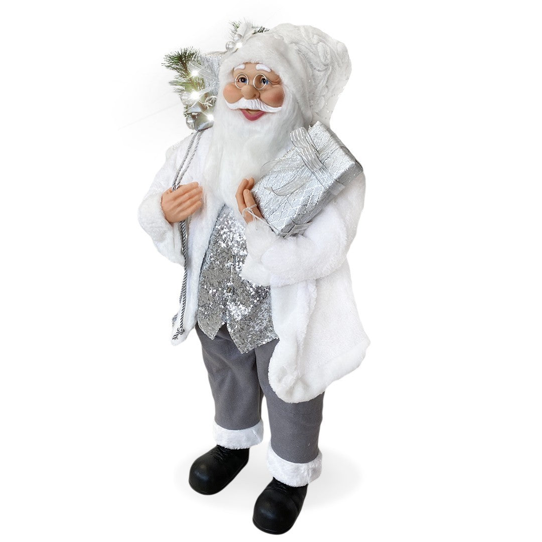 Santa Blanc et Argent Robe en velours 90H cm avec Lumières et Sons