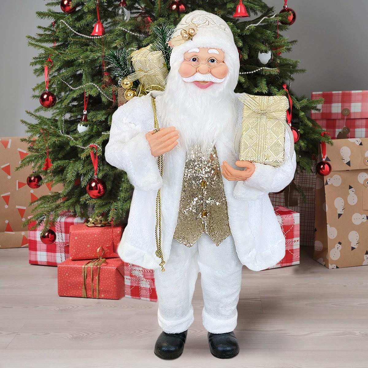 Santa Blanc Et Or Robe En Velours 120Hcm Avec Lumières Et Sons