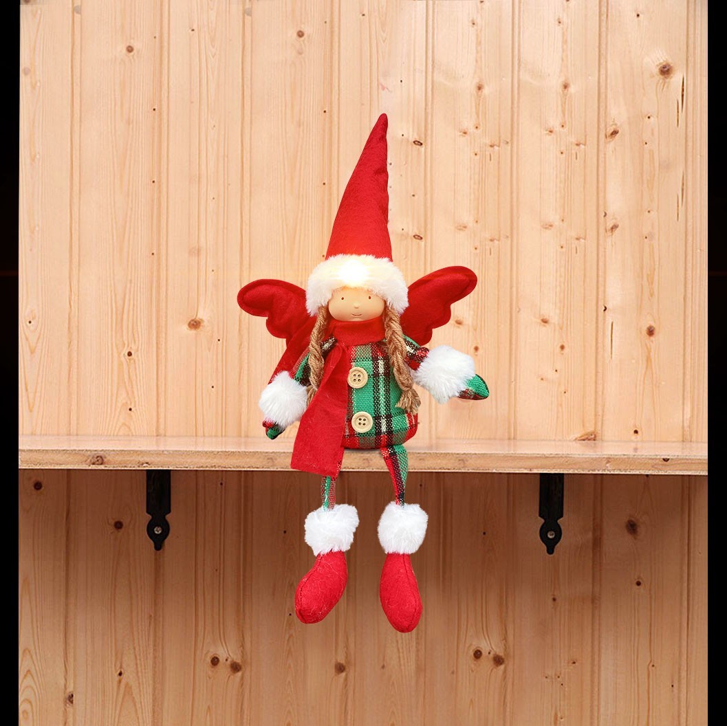 Fée de Noel assise avec robe écossaise Décoration avec lumière 12X8cm
