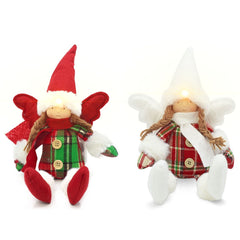 Fée de Noel assise avec robe écossaise Décoration avec lumière 12X8cm