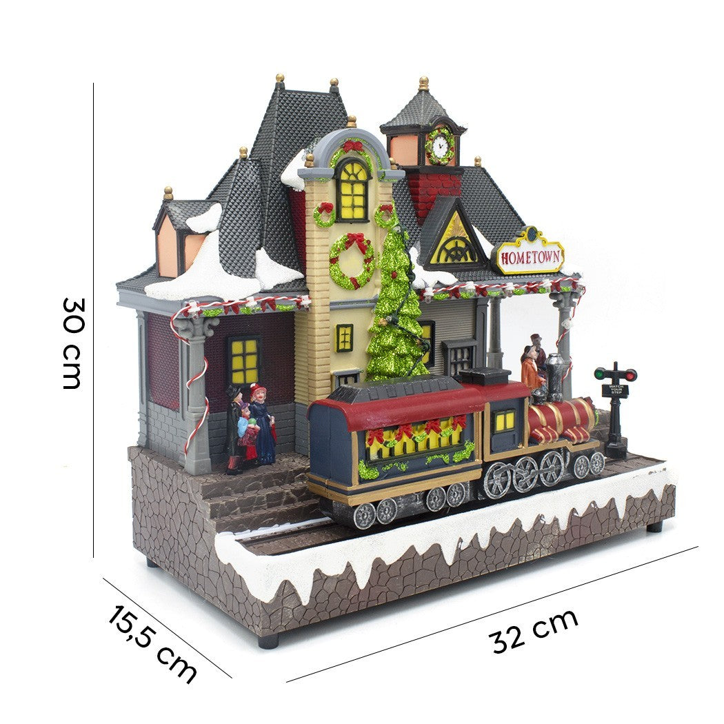 Village de Noel Station enneigée lumières sons mouvement 30Hx15Px32Lcm
