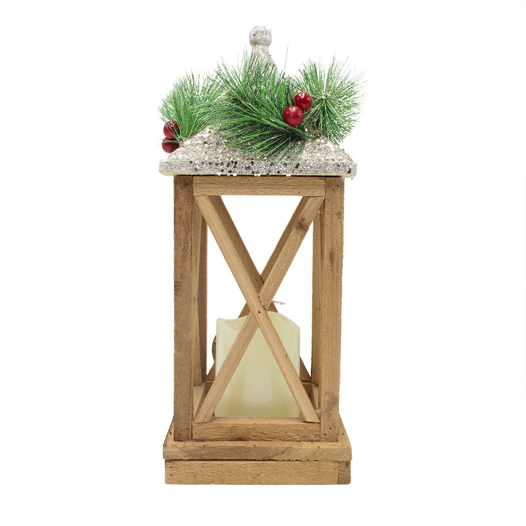 Lanterne de Noel décoration en bois avec lumière LED et paillettes