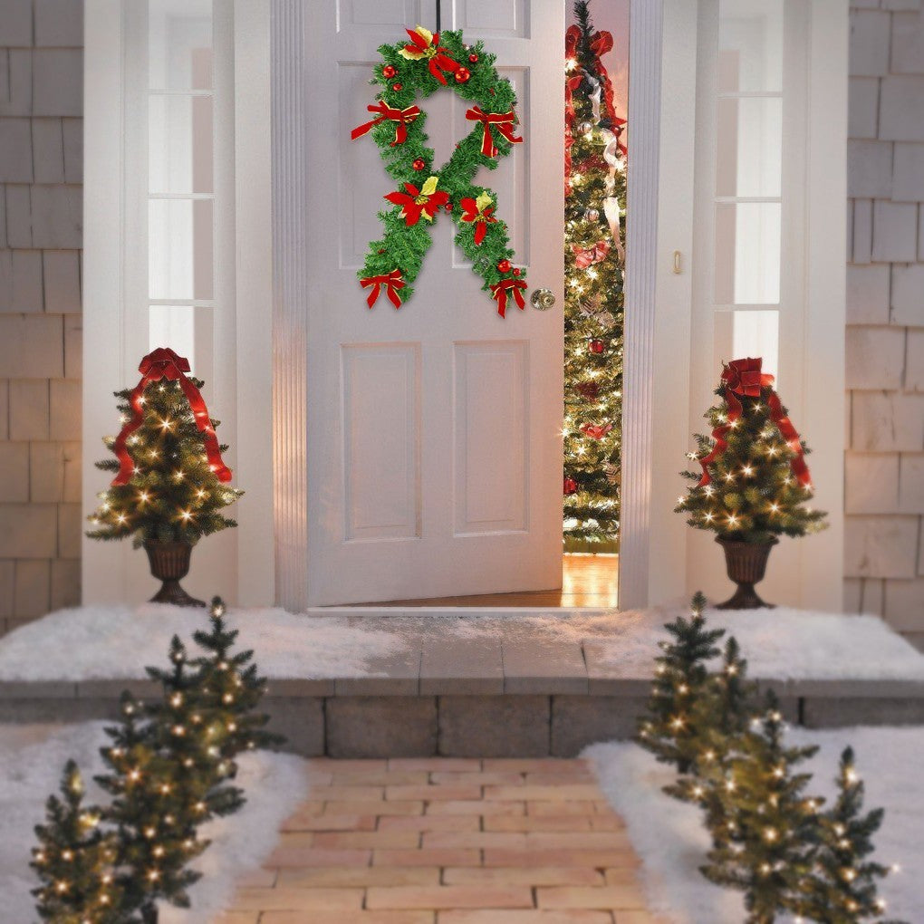 326608 Couronne de Noël pour porte avec nœuds et fleurs rouges 40x95 cm