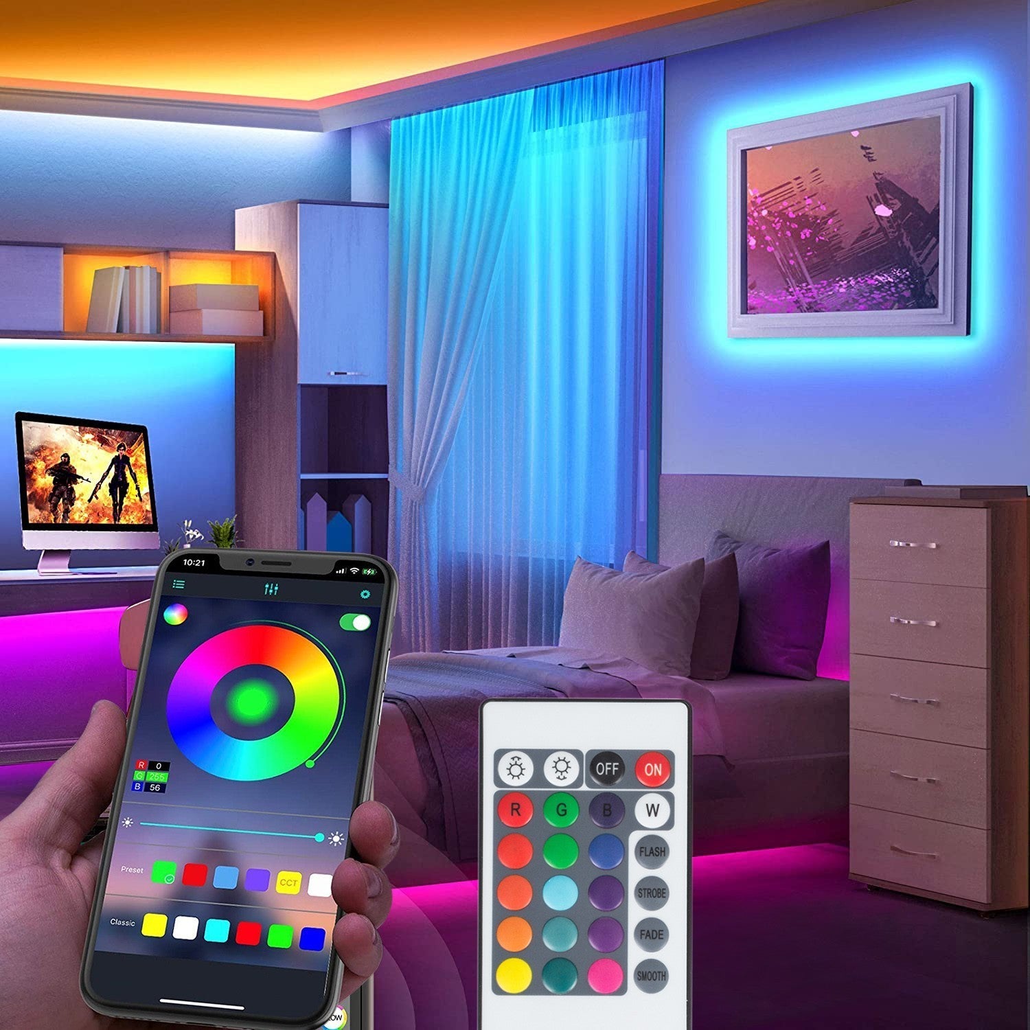 5050 Bande LED RVB 5mt Luminosité Couleur Rythme réglable APP ou télécommande