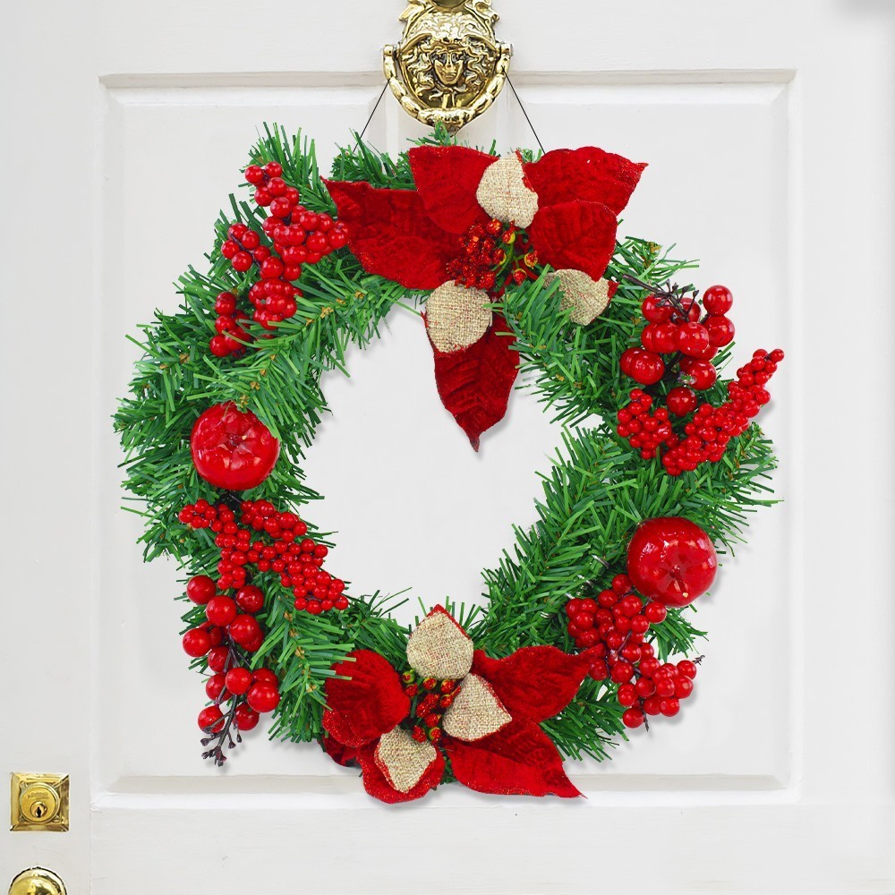 Couronne de porte de Noël ronde de 35 cm avec décorations rouges
