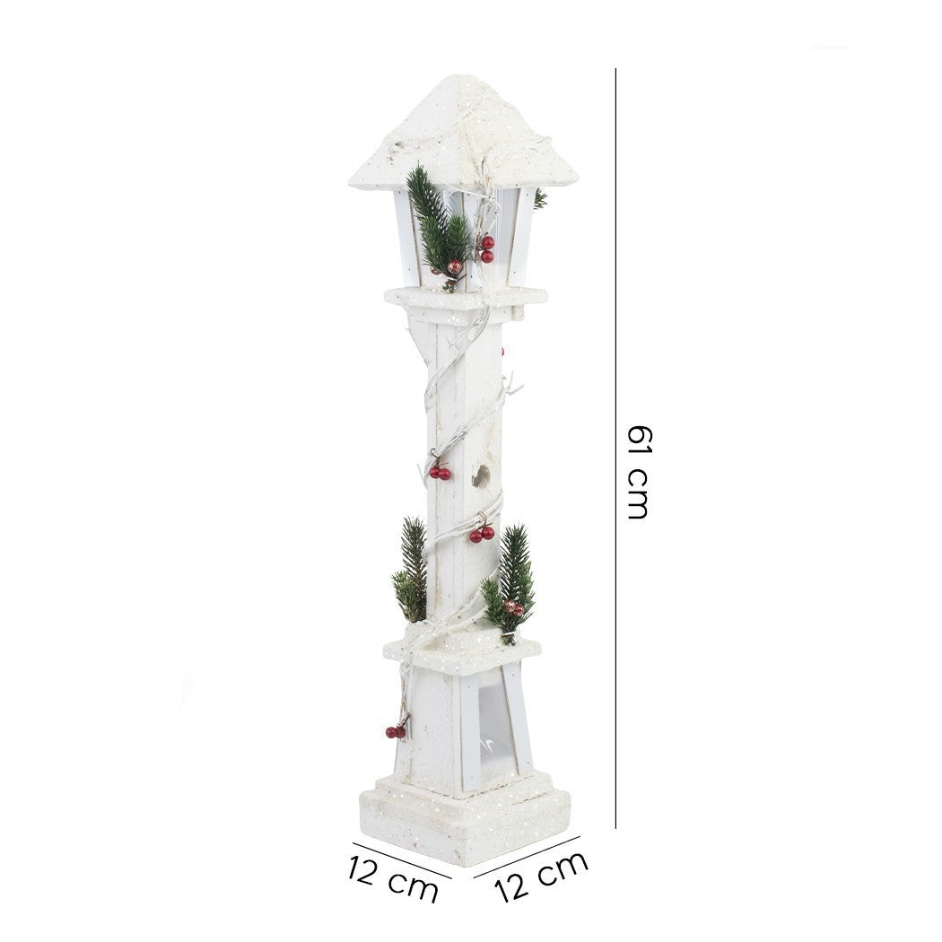 662430 Lanterne de Noël en bois décor blanc 61 cm avec lumière LED chaude