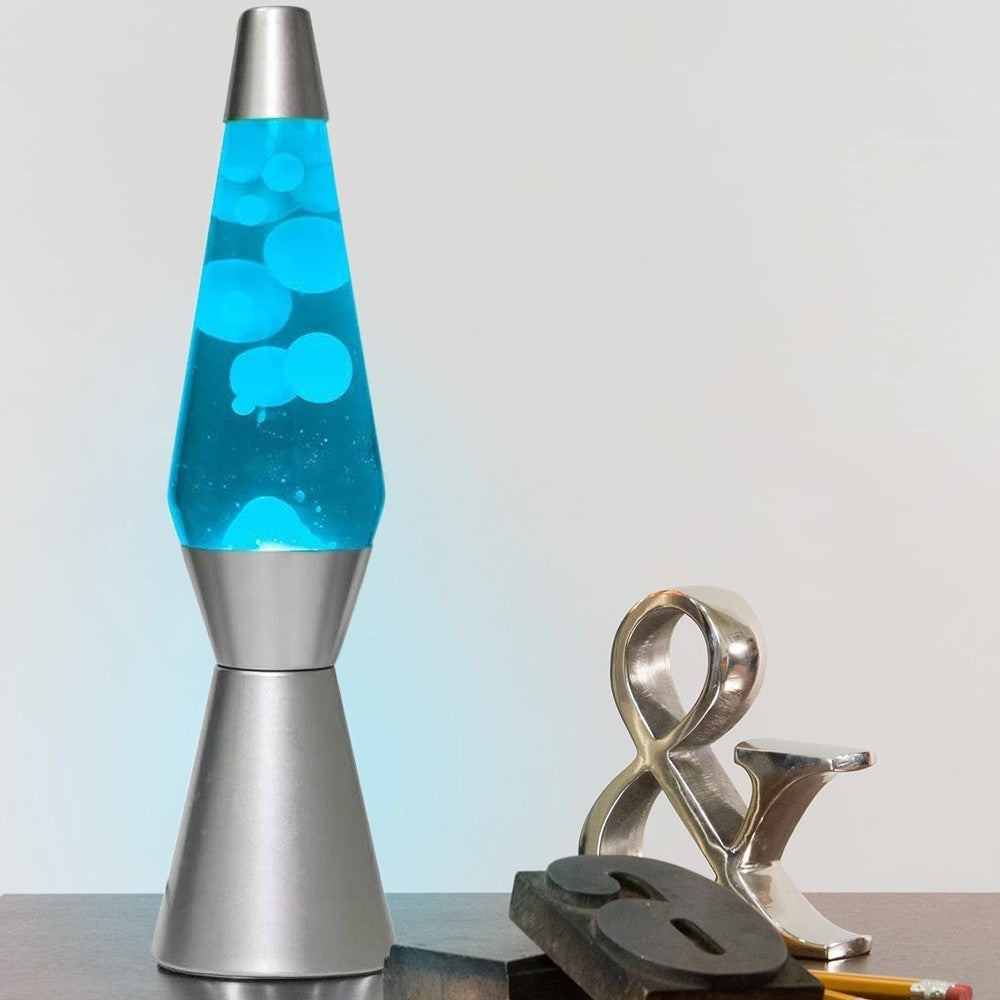 XL1764 Lampe à lave 40cm base argentée magma Paillettes design bleu et blanc