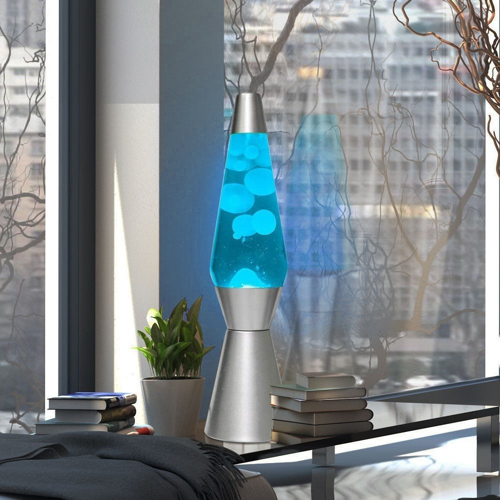 XL1764 Lampe à lave 40cm base argentée magma Paillettes design bleu et blanc