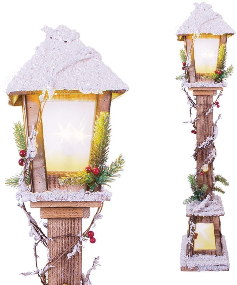 662447 Lanterne de Noël en bois Lanterne enneigée 61cm avec lumière LED chaude