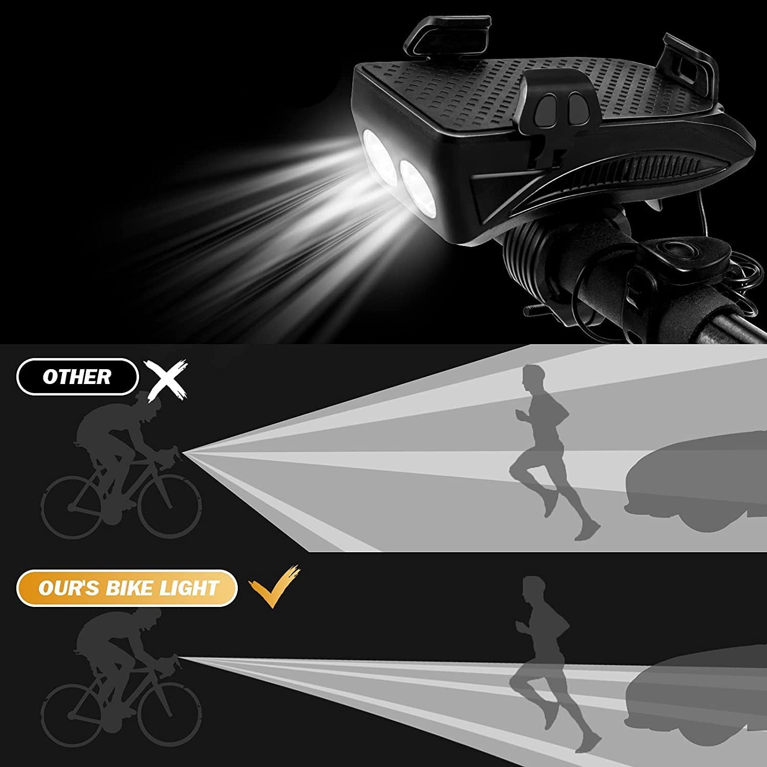 Lampe de poche avec klaxon pour vélo 5W chargement USB et support mobile
