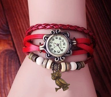 Montre analogique cuir motif Hibou - en différentes couleurs