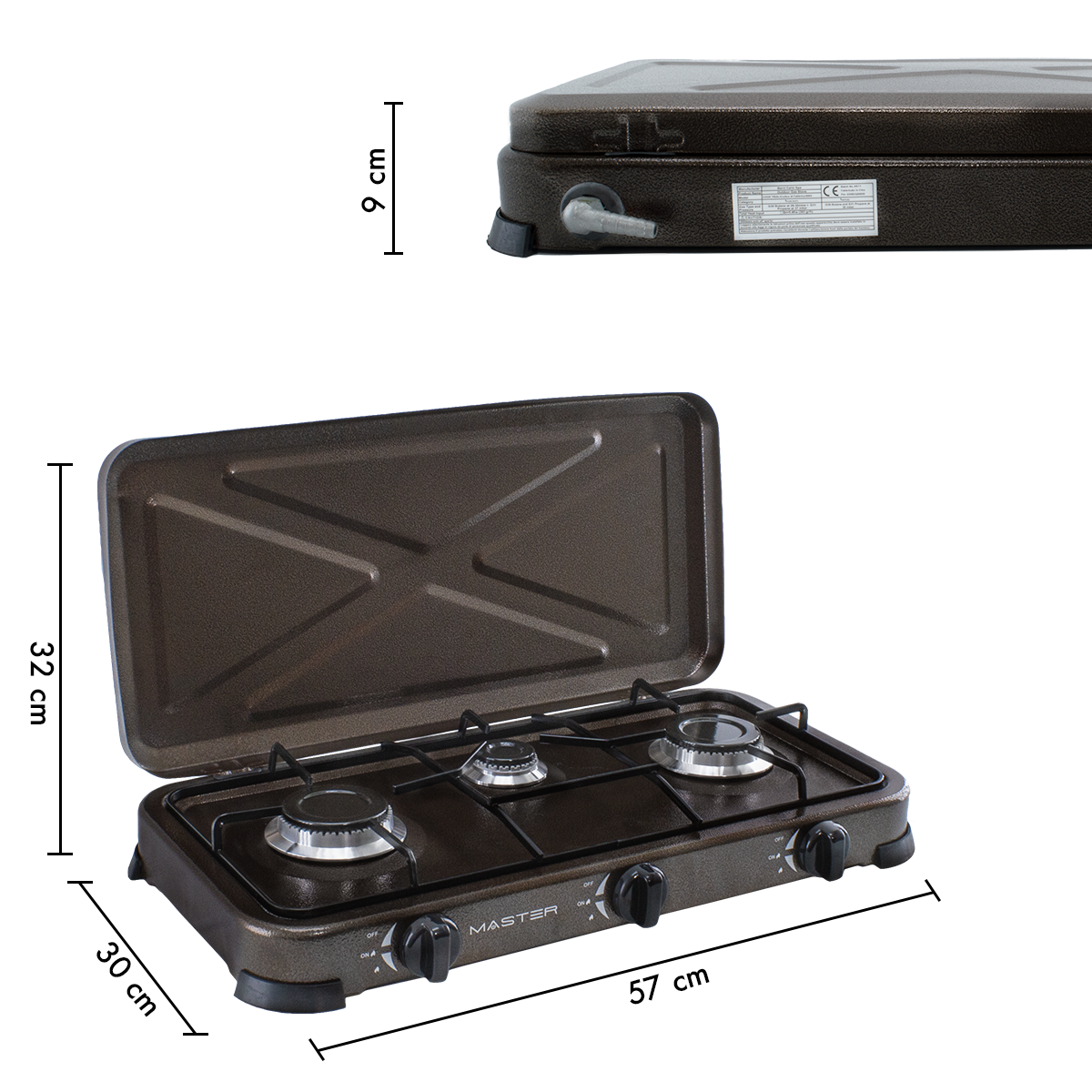 525886 Cuisinière à gaz portable 3 feux et couvercle 5,4kW Camping et Maison