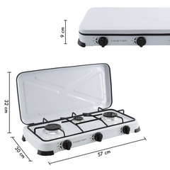 525886 Cuisinière à gaz portable 3 feux et couvercle 5,4kW Camping et Maison