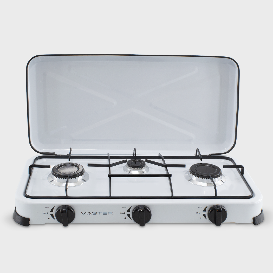 525886 Cuisinière à gaz portable 3 feux et couvercle 5,4kW Camping et Maison