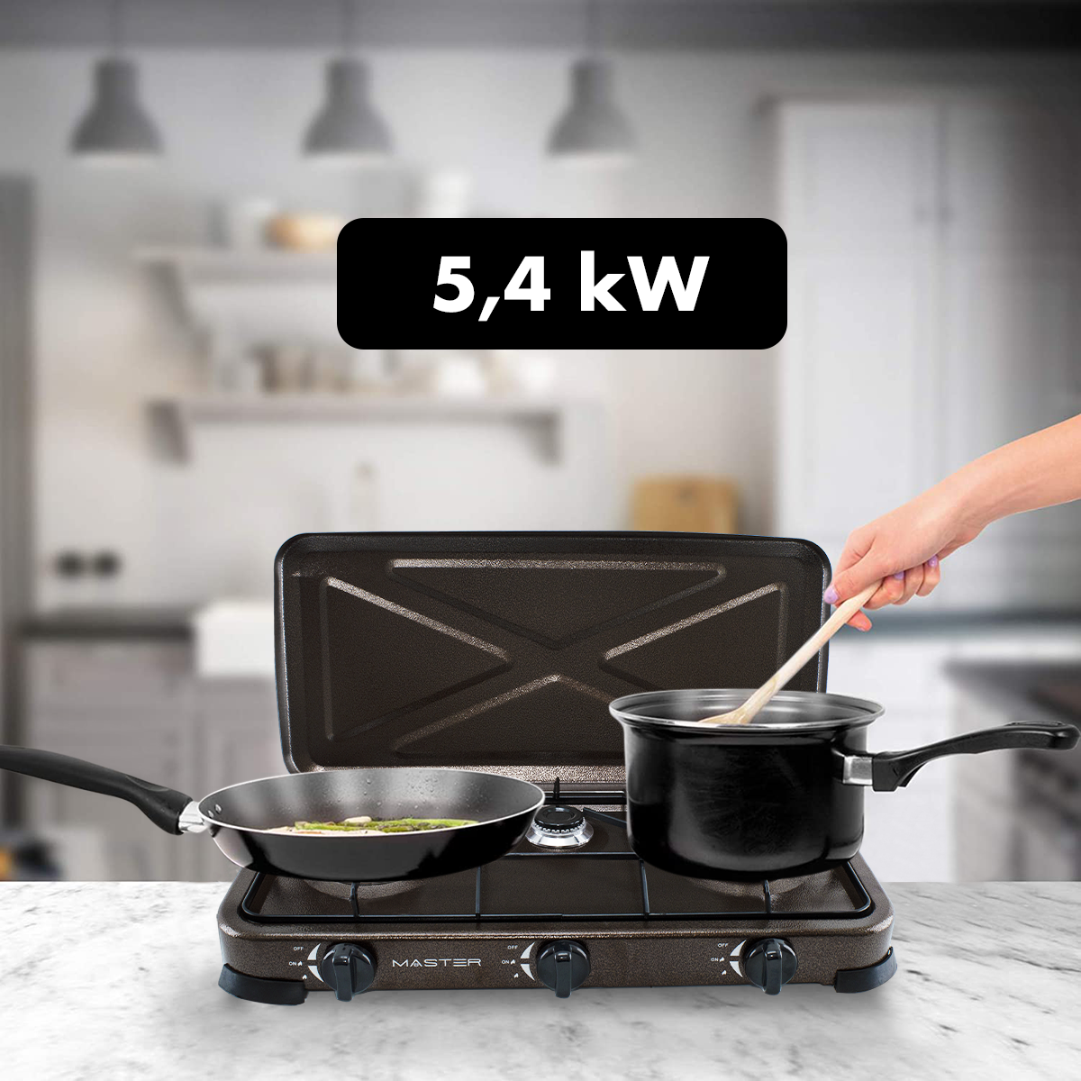 525886 Cuisinière à gaz portable 3 feux et couvercle 5,4kW Camping et Maison