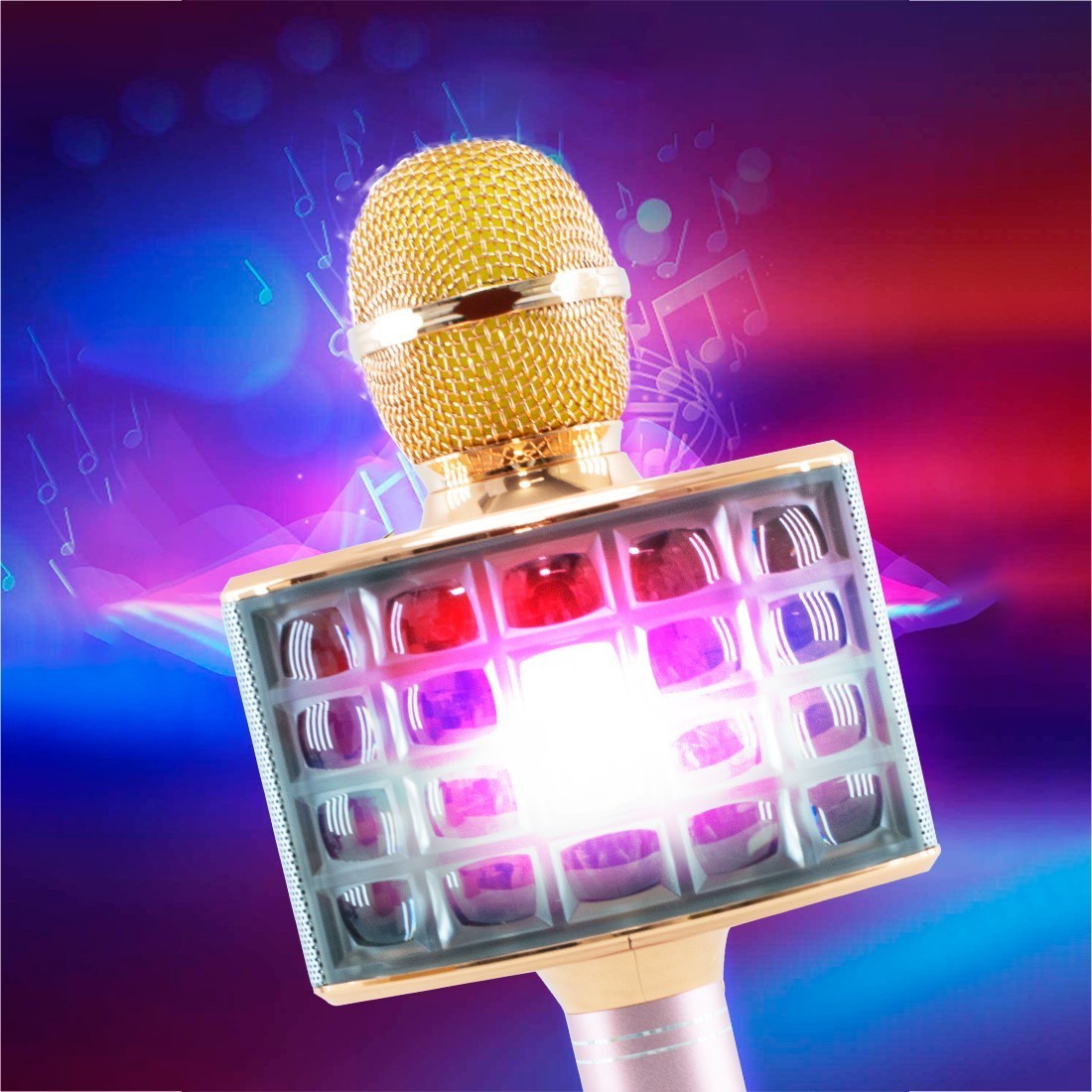 Microphone karaoké sans fil lumière LED Q-C107 Records chante et joue de musique