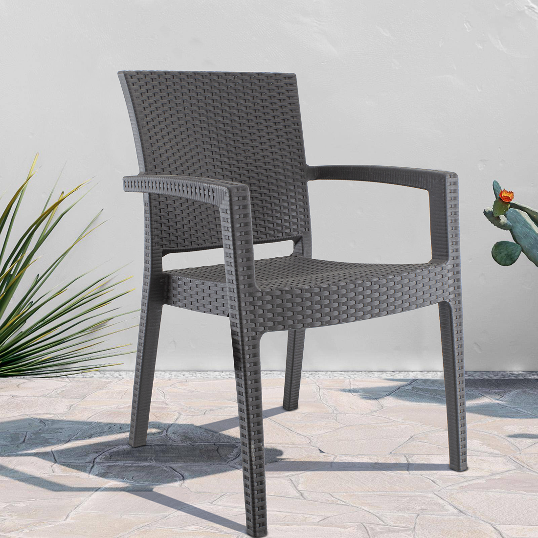 Set 2 Chaises NARCISO résine effet rotin avec accoudoirs empilable pour Outdoor