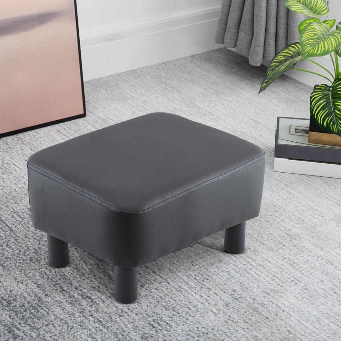 Repose-Pieds Pouf Rectangulaire Faux Cuir Pieds en Bois ou Tabouret de Chambre