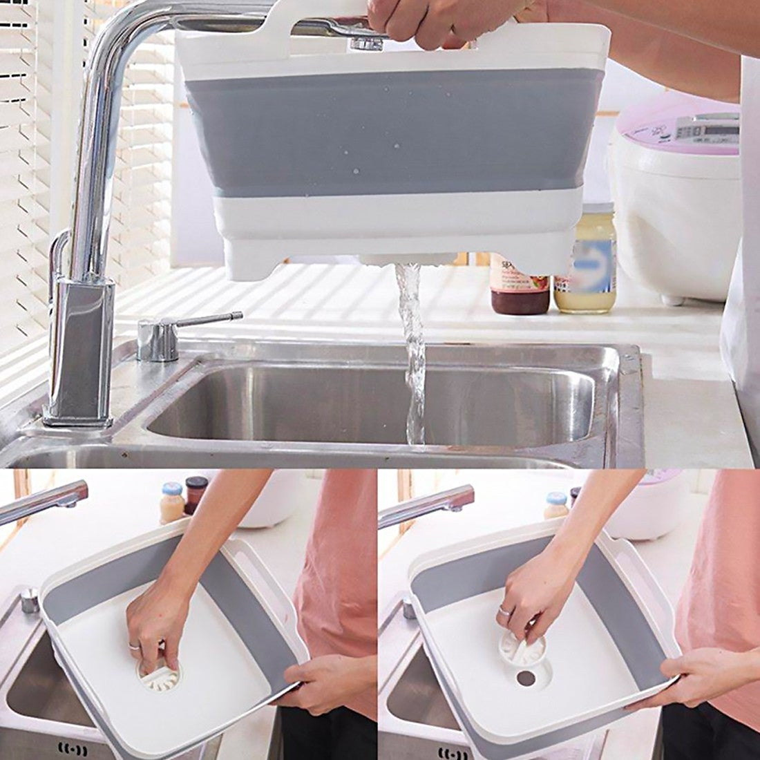 605806 Panier de lavage multifonction pliable en silicone avec bouchon vidange