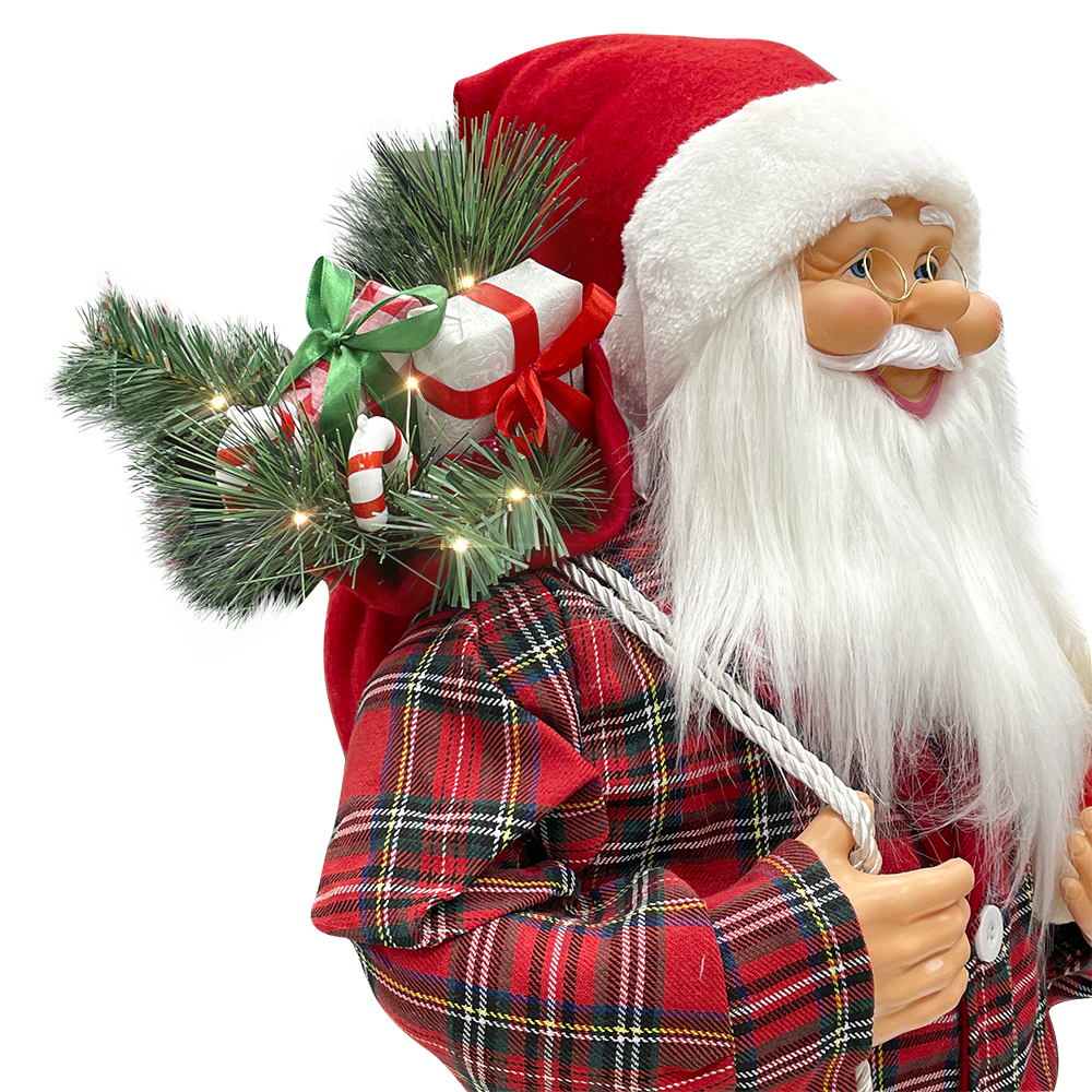 Père Noël 110H cm avec pyjama rouge écossais 144251 avec mini lumières et sons