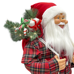 Père Noël 110H cm avec pyjama rouge écossais 144251 avec mini lumières et sons