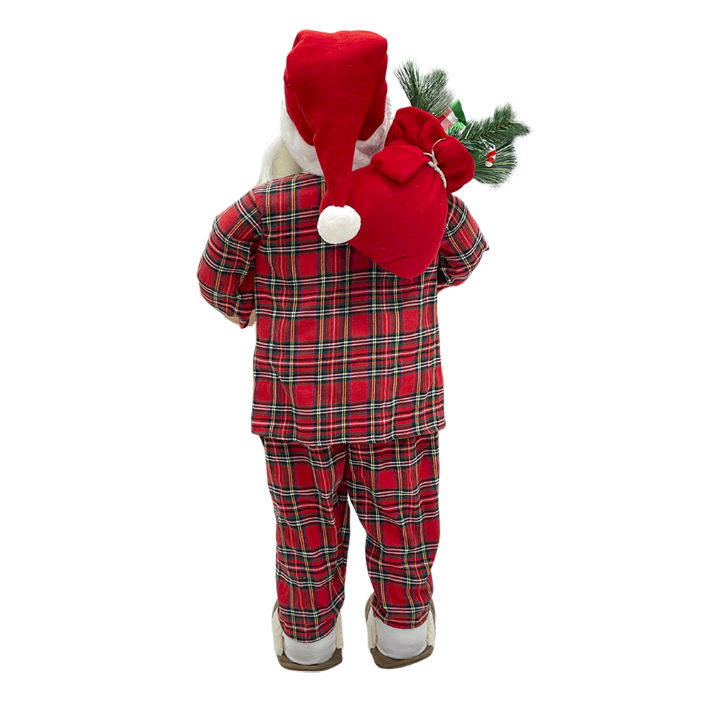 Père Noël 110H cm avec pyjama rouge écossais 144251 avec mini lumières et sons