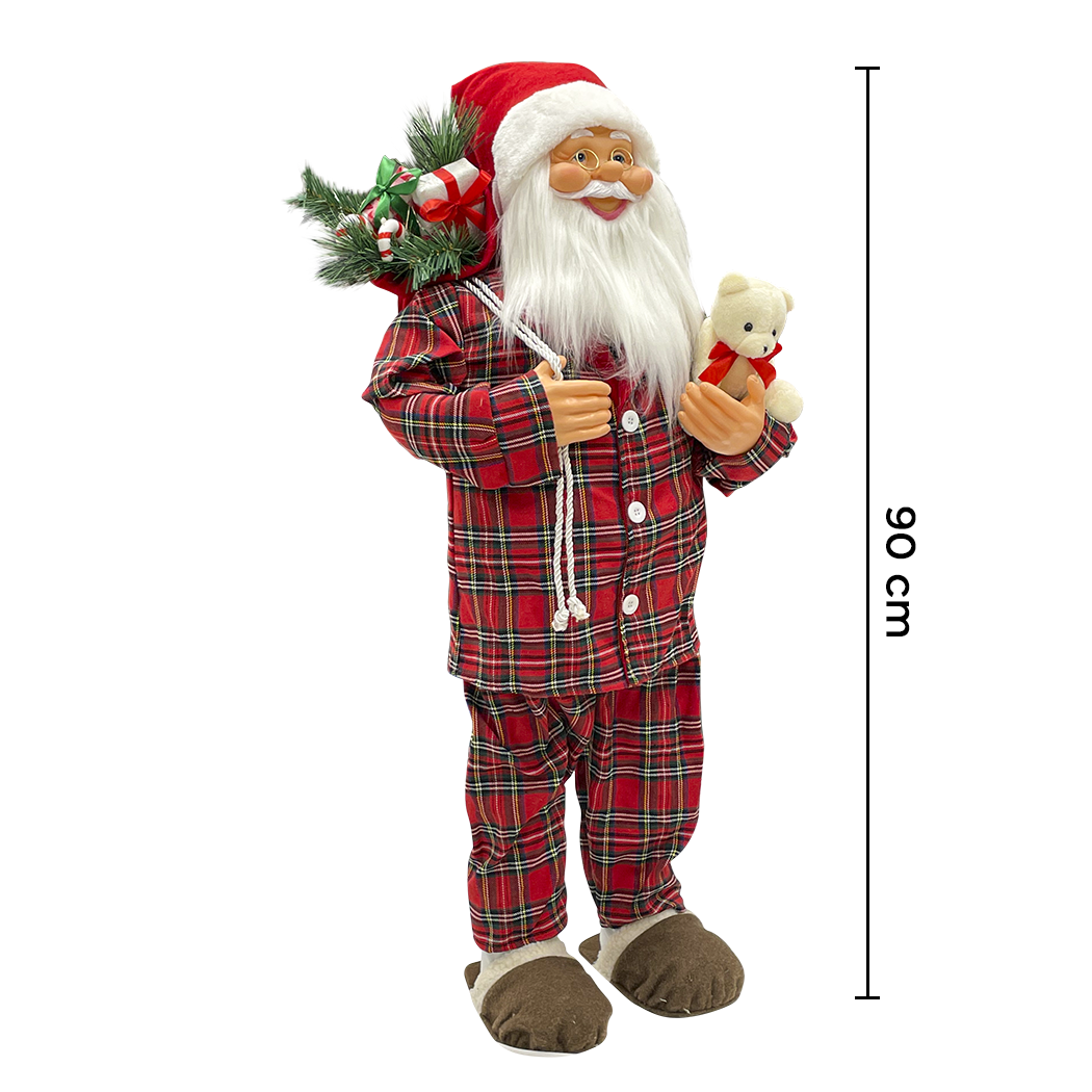 Père Noël 90H cm avec pyjama rouge écossais 144252 avec mini lumières et sons