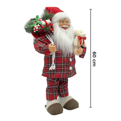 Père Noël 60H cm avec pyjama rouge écossais 144254 avec mini lumières