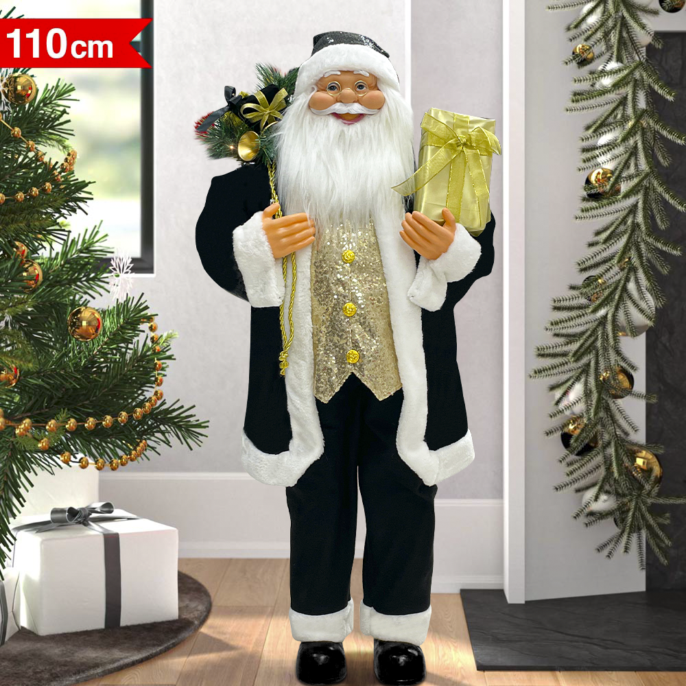 Père Noël noir et or 144267 robe en velours 110cm avec mini lumières et son