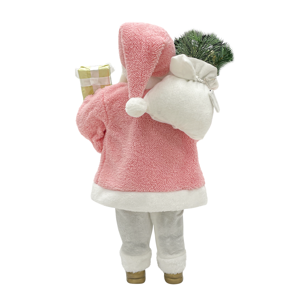 Père Noël 60H cm robe rose et blanche 144286 avec mini lumières et sons
