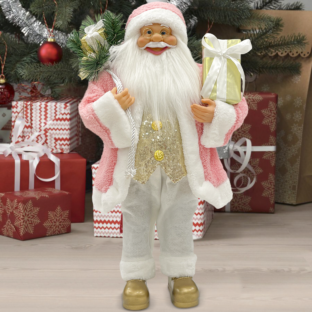 Père Noël 60H cm robe rose et blanche 144286 avec mini lumières et sons