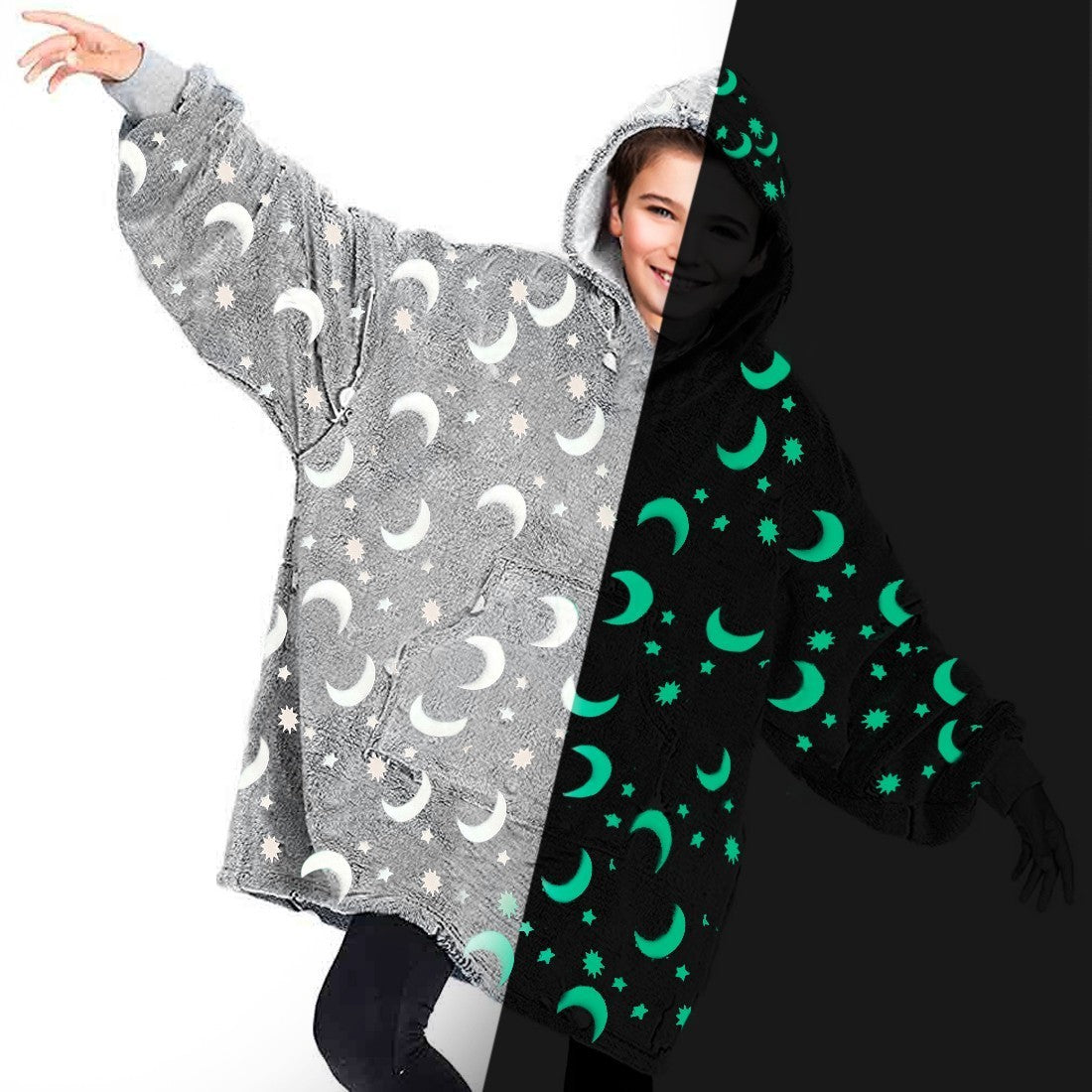 Cape polaire enfant avec capuche et manches Grise avec Etoile Lune Fluorescentes