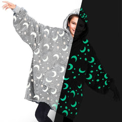 Cape polaire enfant avec capuche et manches Grise avec Etoile Lune Fluorescentes
