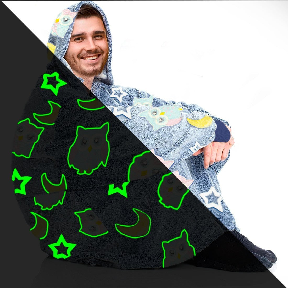 Cape polaire à manches oversize avec capuche et poche chouette fluo