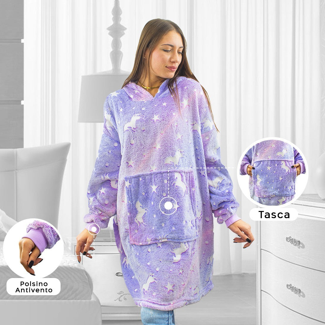 Cape polaire Lilas fluo Manches oversize avec capuche et poche
