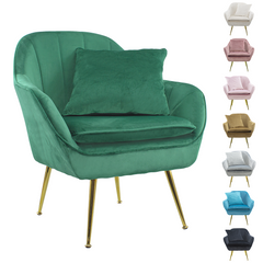 Fauteuil SATURNO avec assise velours rembourré et coussin avec structure dorée