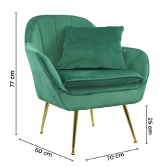 Fauteuil SATURNO avec assise velours rembourré et coussin avec structure dorée